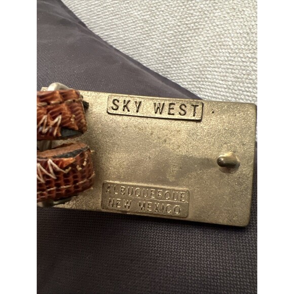 Wood Turquoise Brass Inlay Landscape Buckle Lizard  Belt Hippie Vtg Sky West 34 - Picture 9 of 11